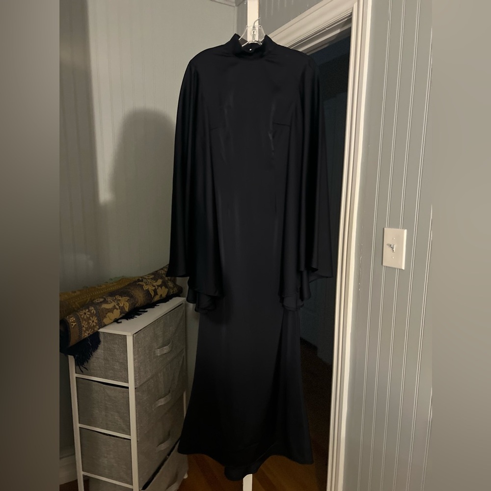Elegant Navy Gown with Cape Sleeves